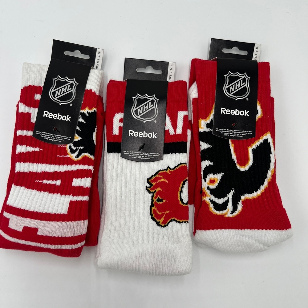 Reebok NHL Calgary Flames Men's Crew Socks 3 Pack‎ Red White Large